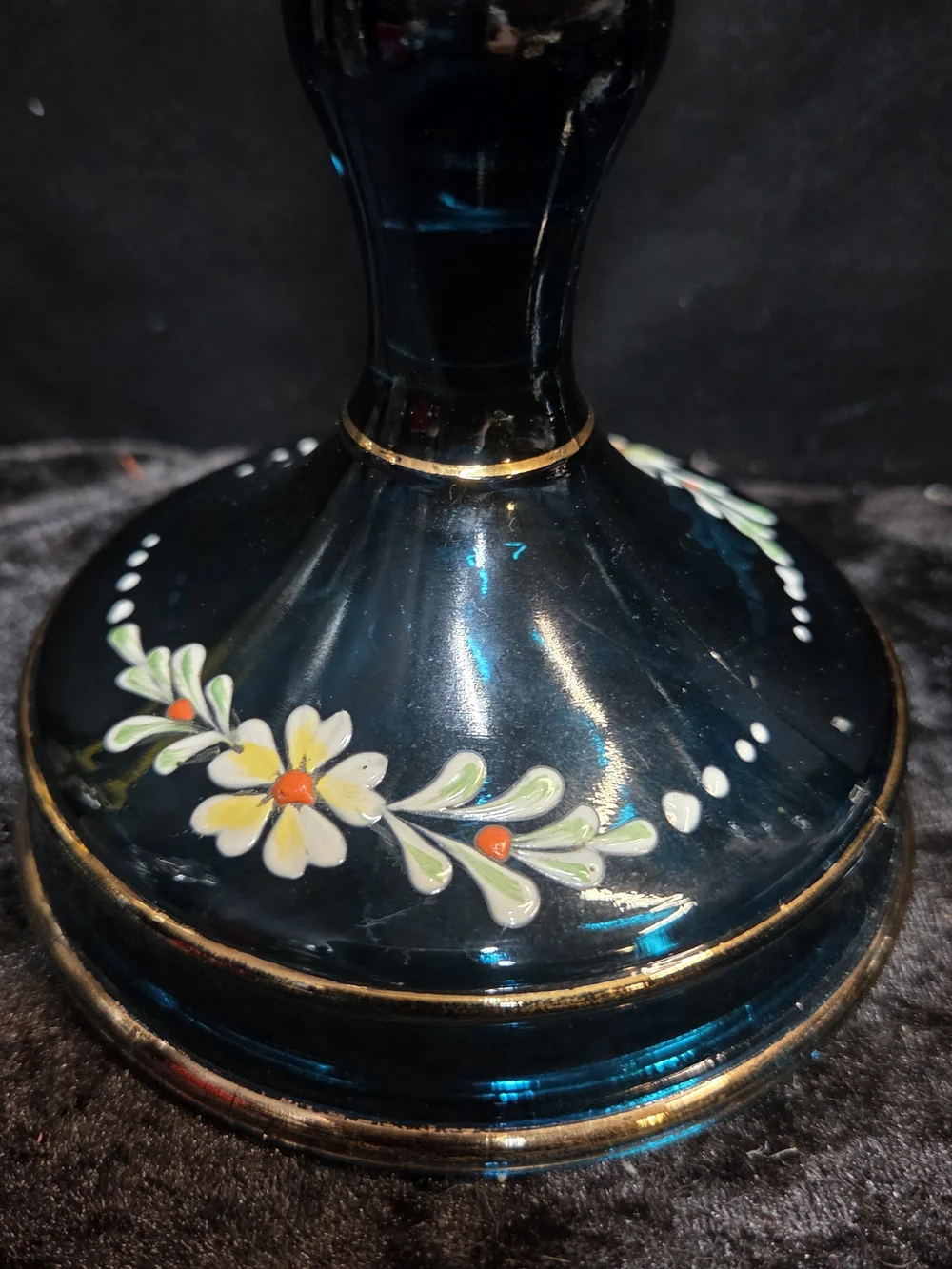 Tiffin Glass Candlestick Holders Peacock Jasper Blue Hand Painted Made In USA